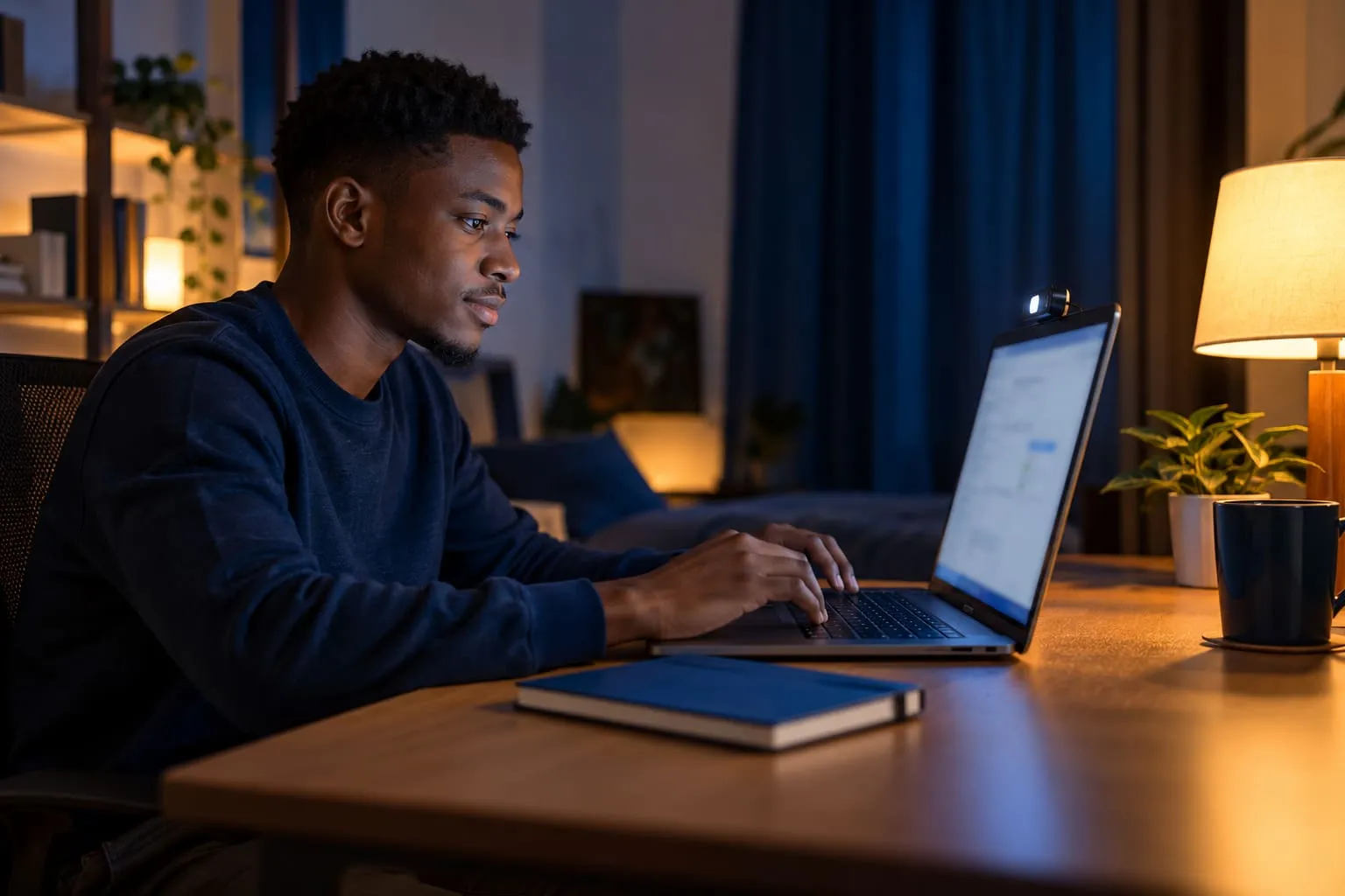 A candidate sitting an online exam at home in the evening, calm and focused