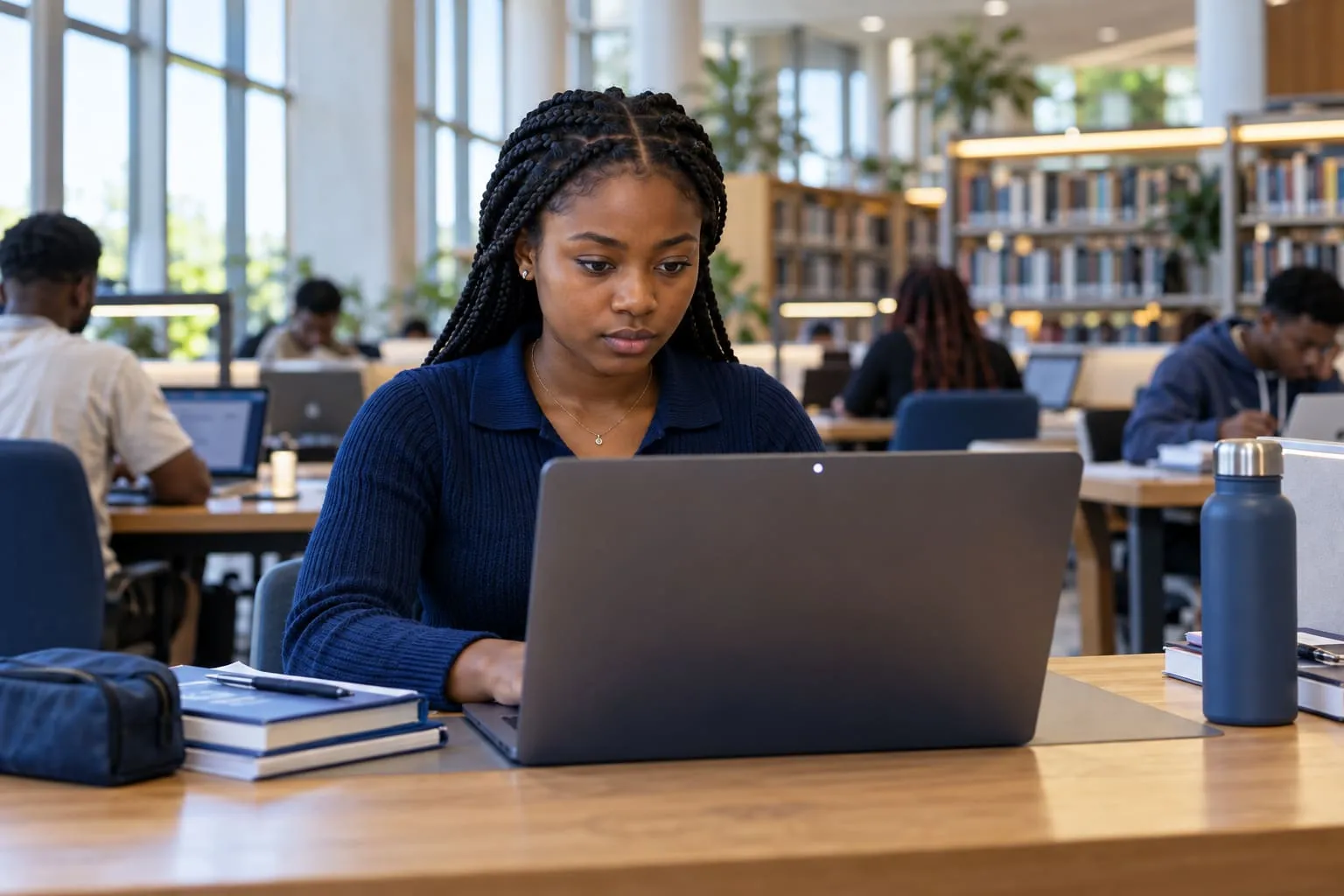 A student sitting an online exam on a laptop in a university library