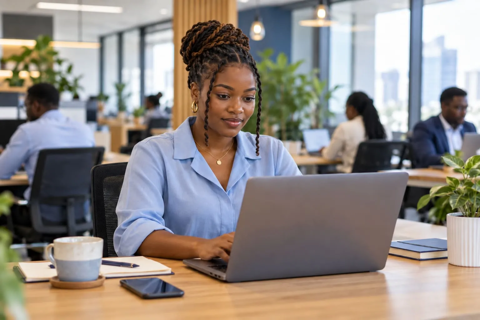 A young woman completing an online job assessment on a laptop in an open-plan office
