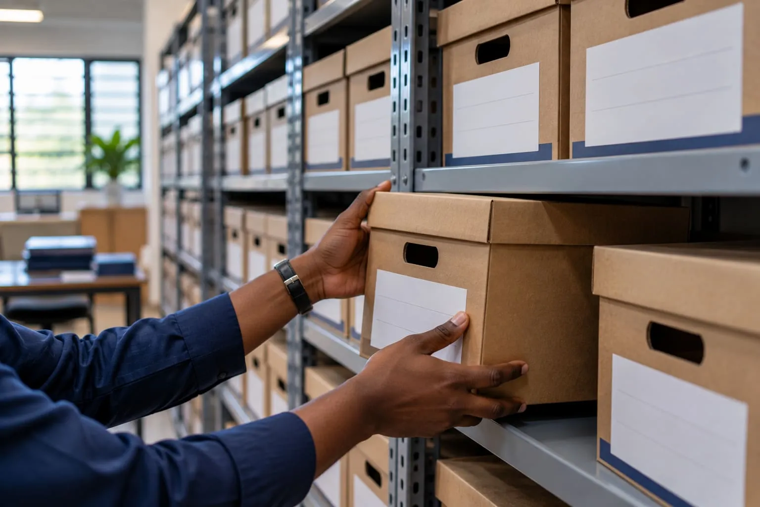 Hands placing a sealed file box on a shelf in a tidy archive room