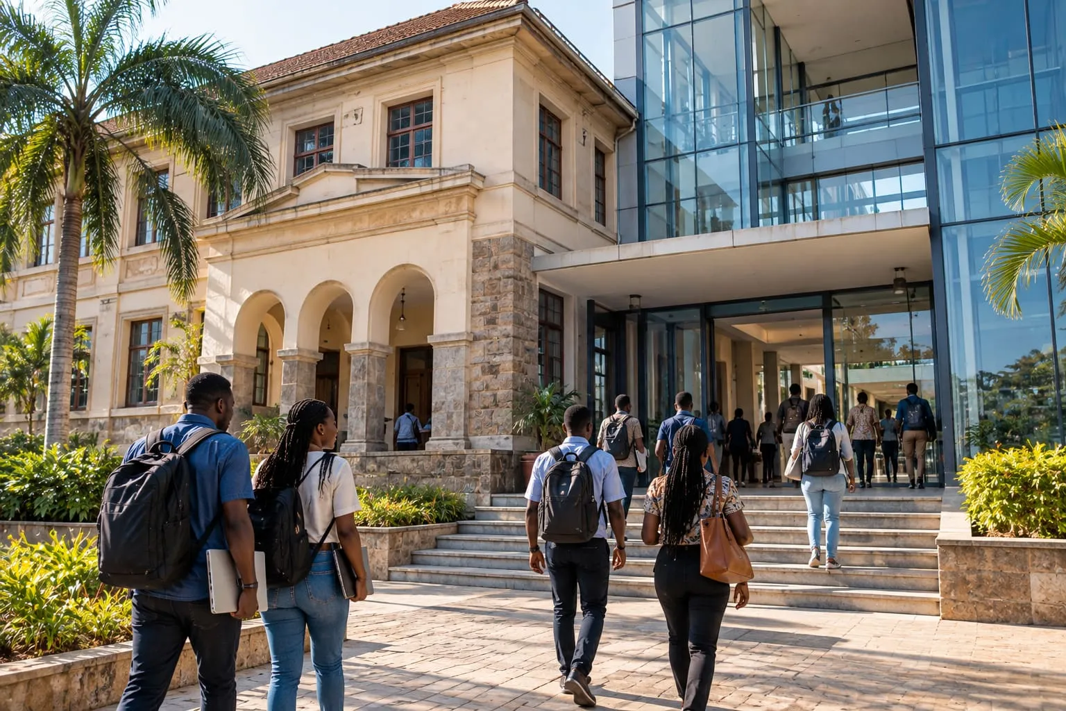 Students walking into a university building where a new glass wing joins the old one