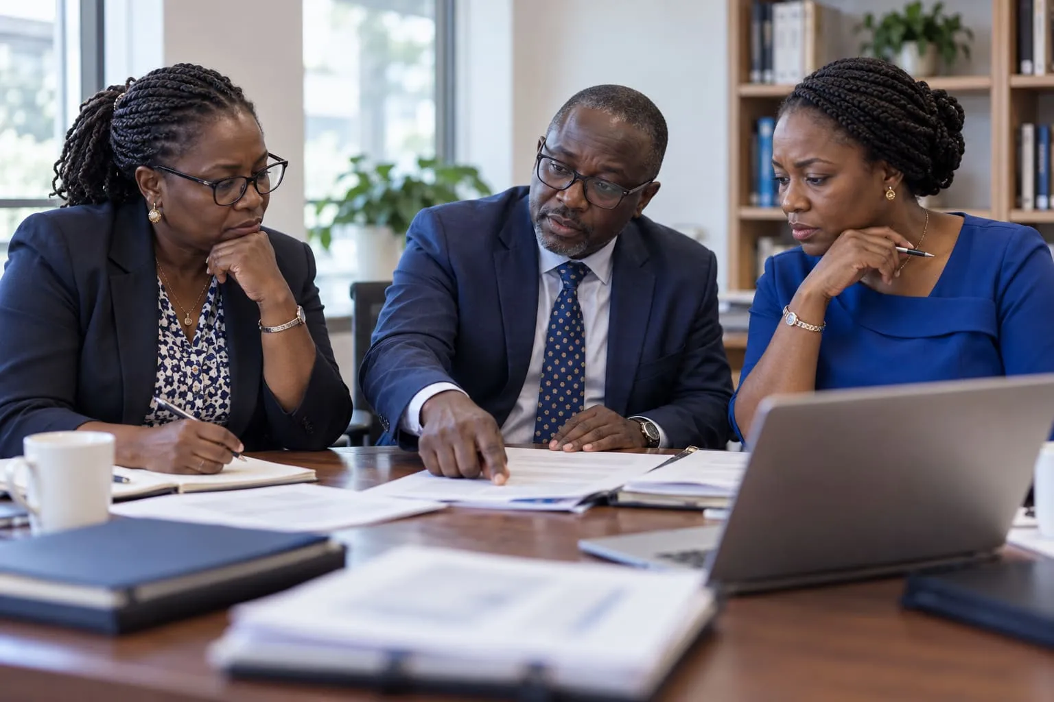 Three examiners at a meeting table reviewing an incident report together