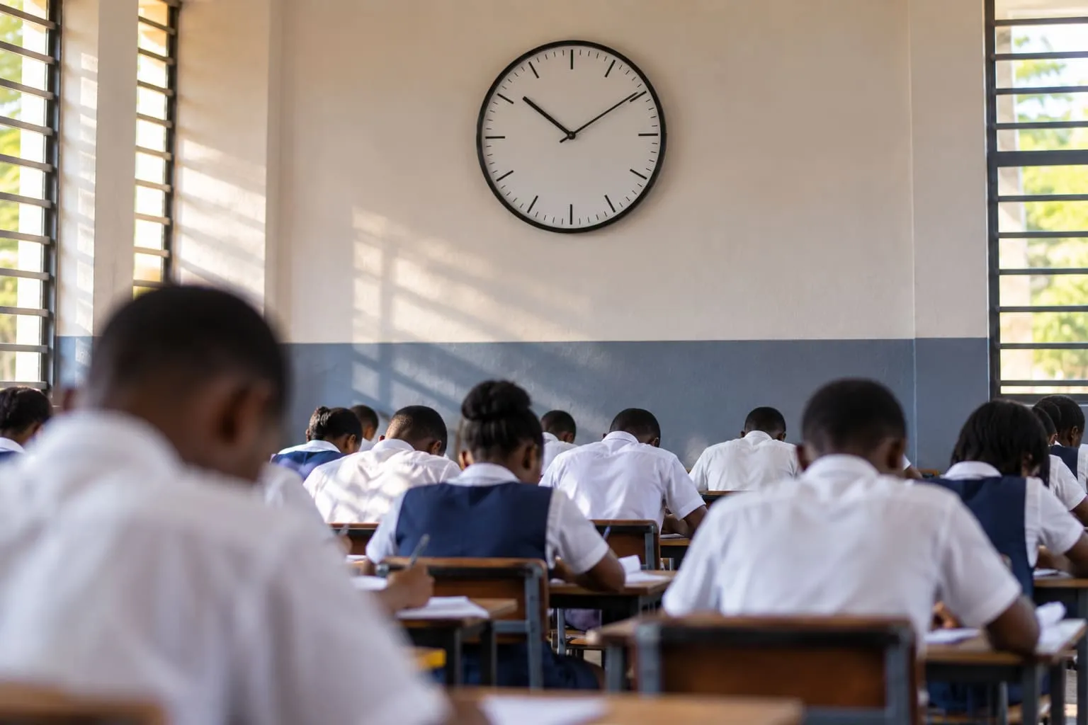 A plain clock on the wall of an exam hall above candidates writing their papers