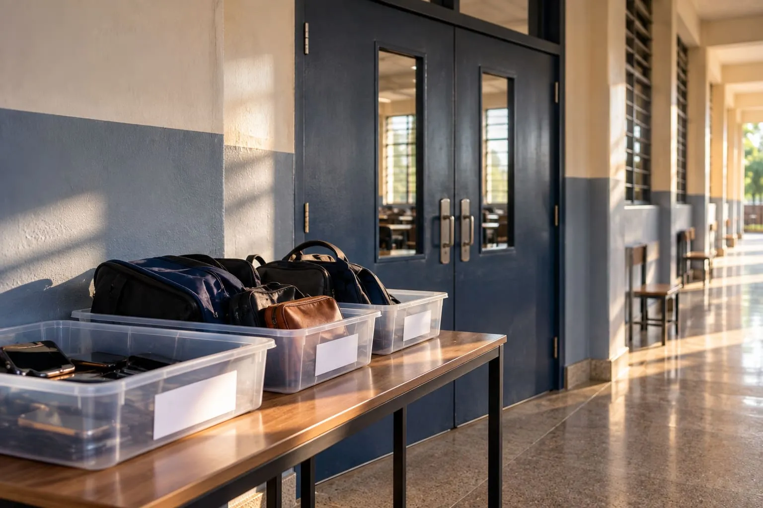 The closed doors of an exam hall, with candidates' bags and phones left in trays outside