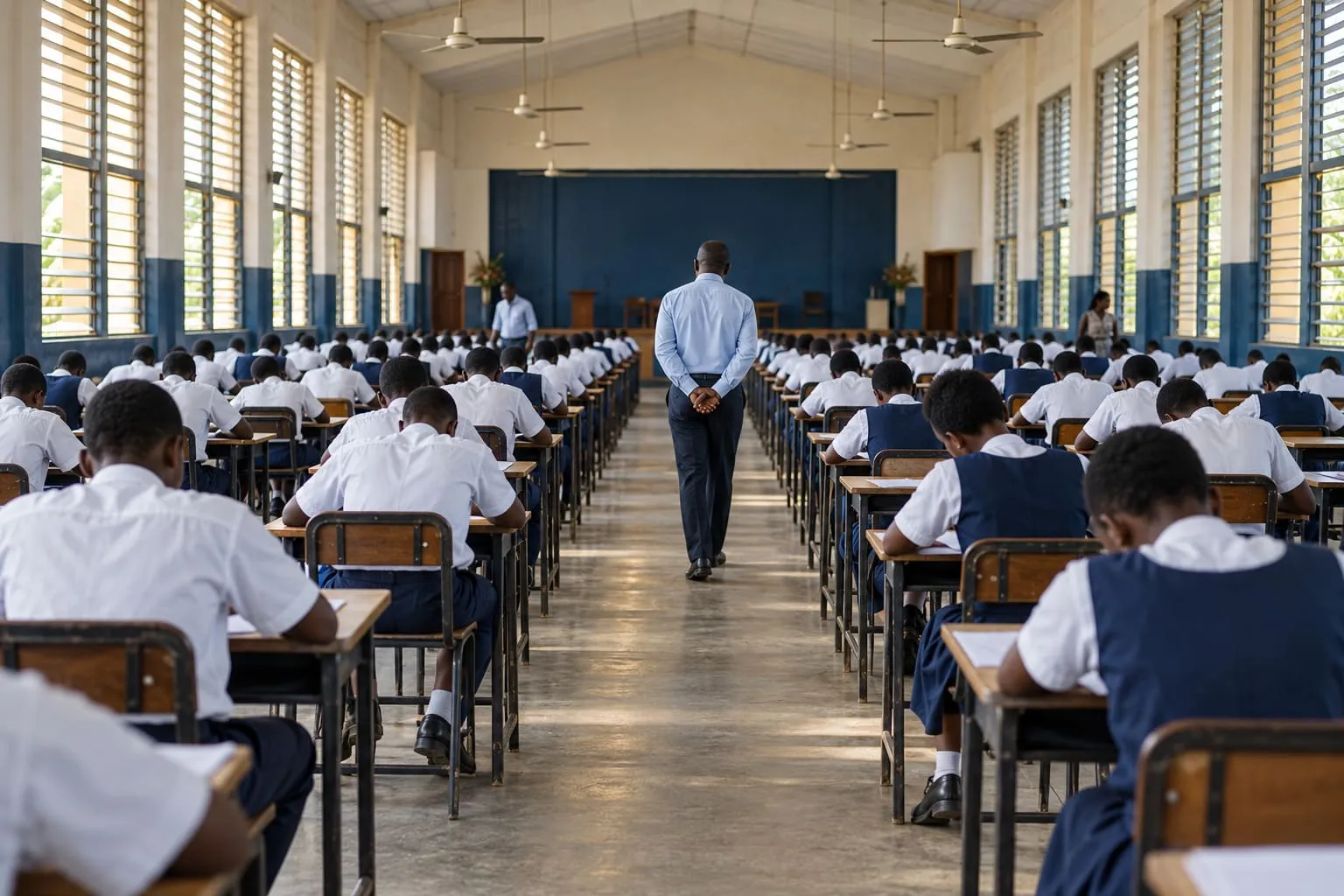 An invigilator walking slowly down the aisle of a school exam hall during a paper