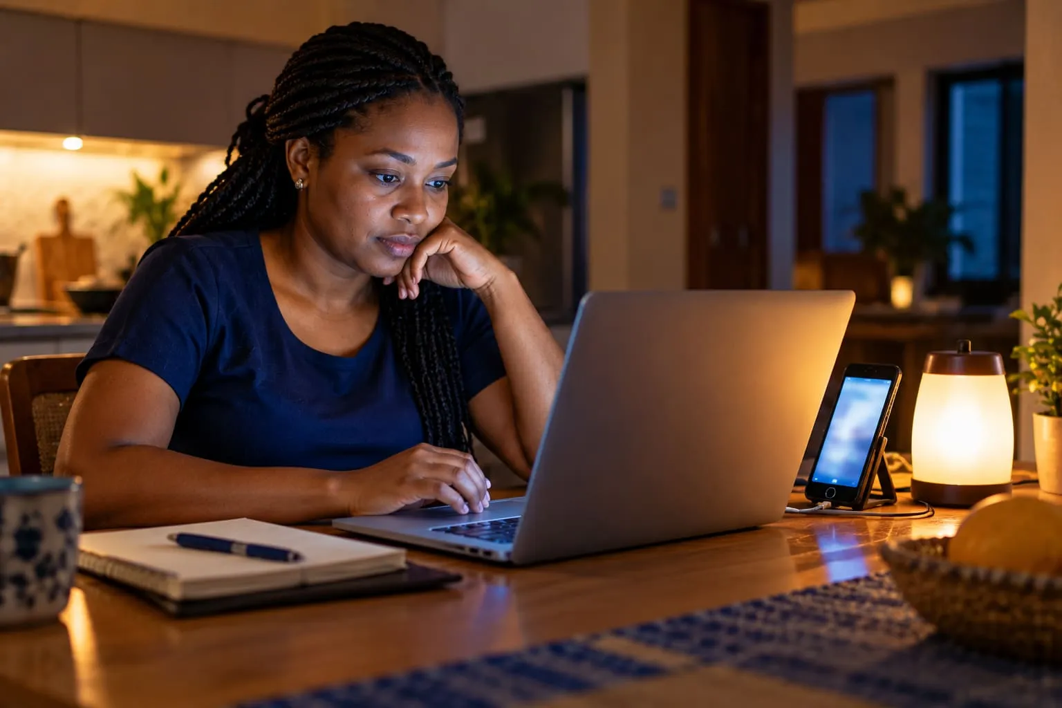 A woman sitting an online exam at her kitchen table in the evening, her phone sharing its connection