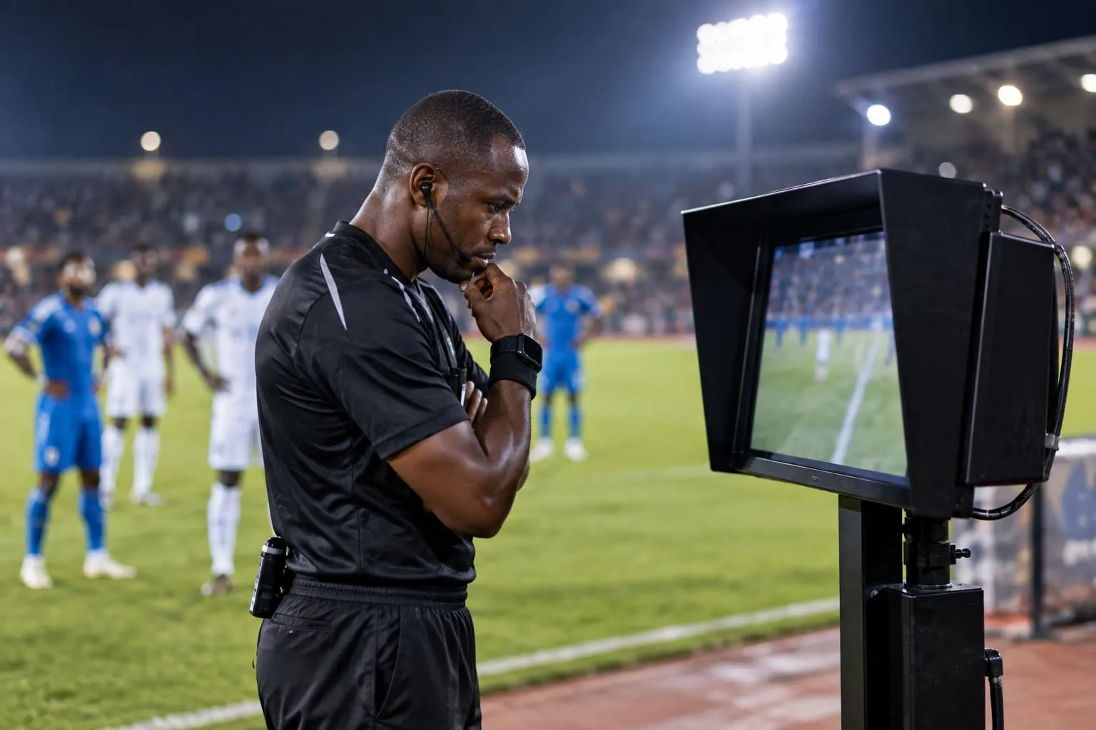 A football referee studying a replay on the pitch-side monitor while the players wait