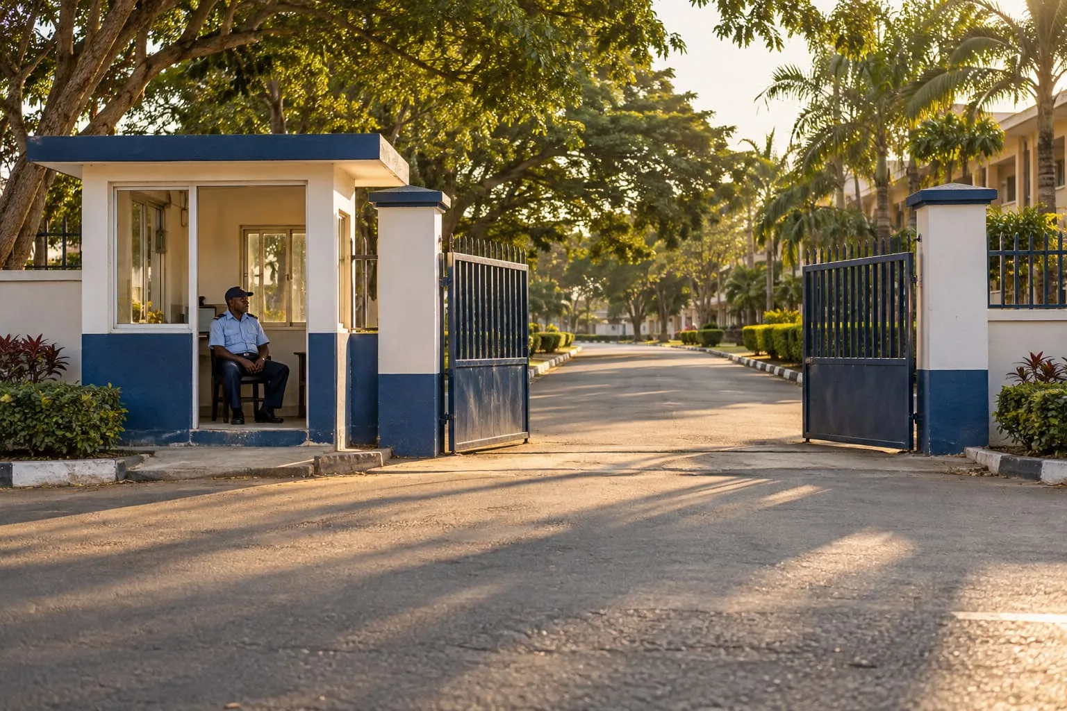 A watchman in a small booth beside an open school gate in the late afternoon