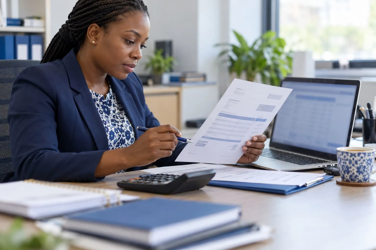 A finance officer checking a printed invoice, a laptop and a calculator on her desk