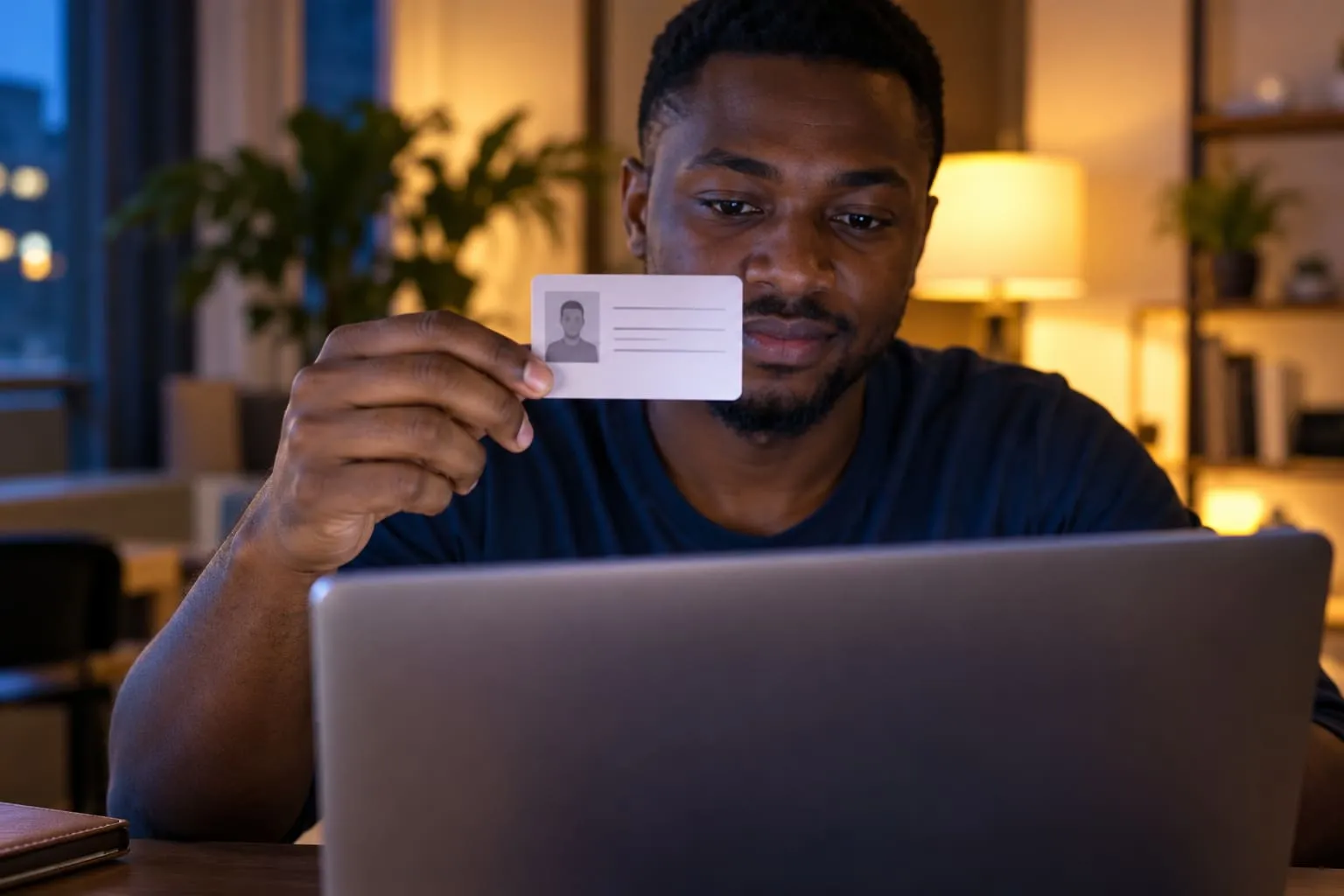 A candidate holding his ID card up to the laptop camera