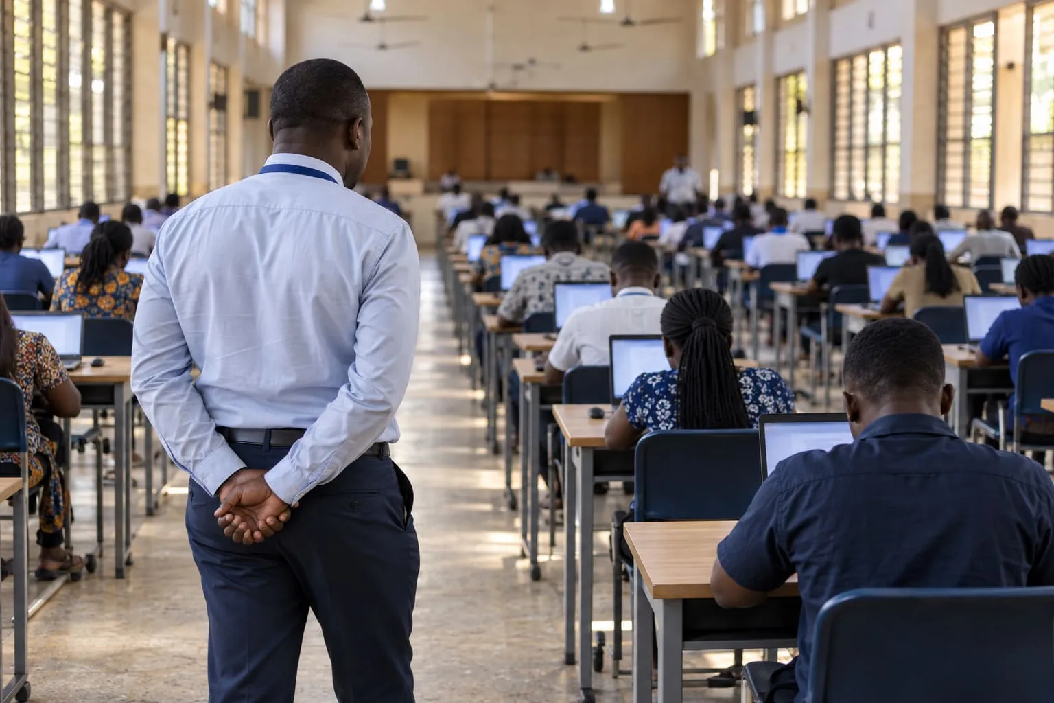 An invigilator watching rows of students sit a computer-based exam in a university hall