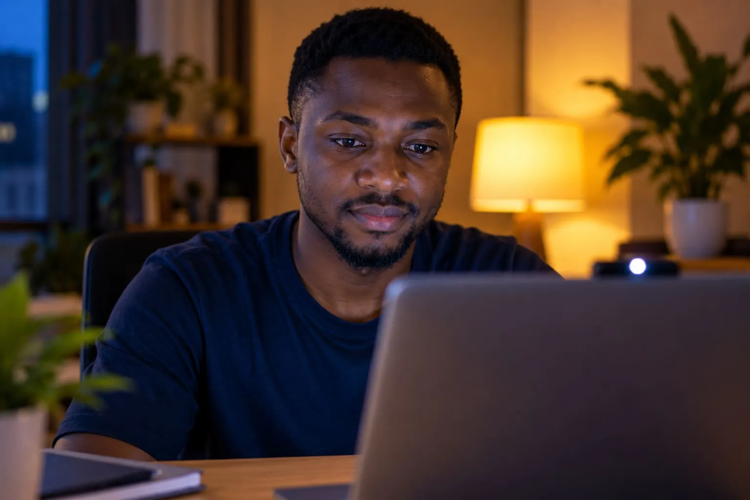 A candidate looking into his laptop camera for the live photo