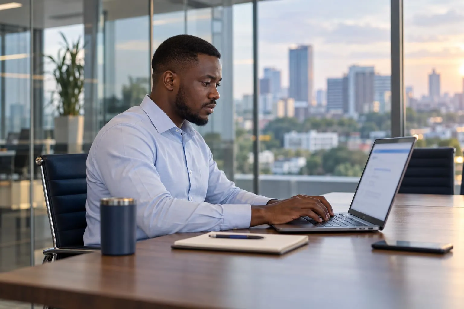 A professional sitting a certification exam on a laptop in an office above the city