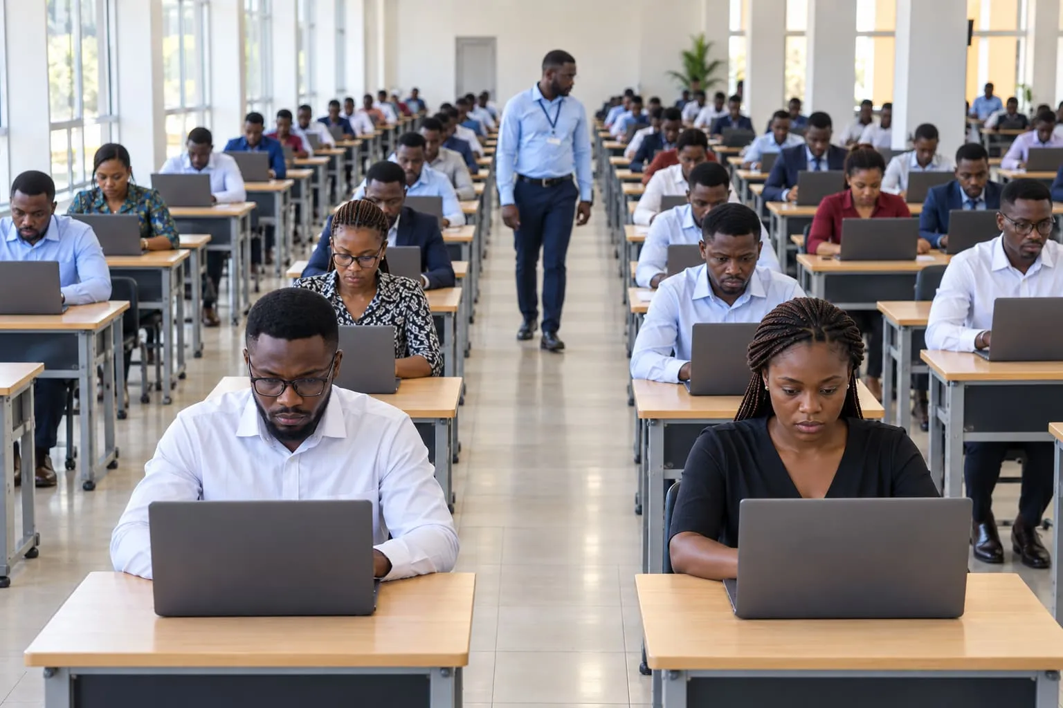 Rows of candidates sitting a computer-based recruitment test while an invigilator walks the aisle