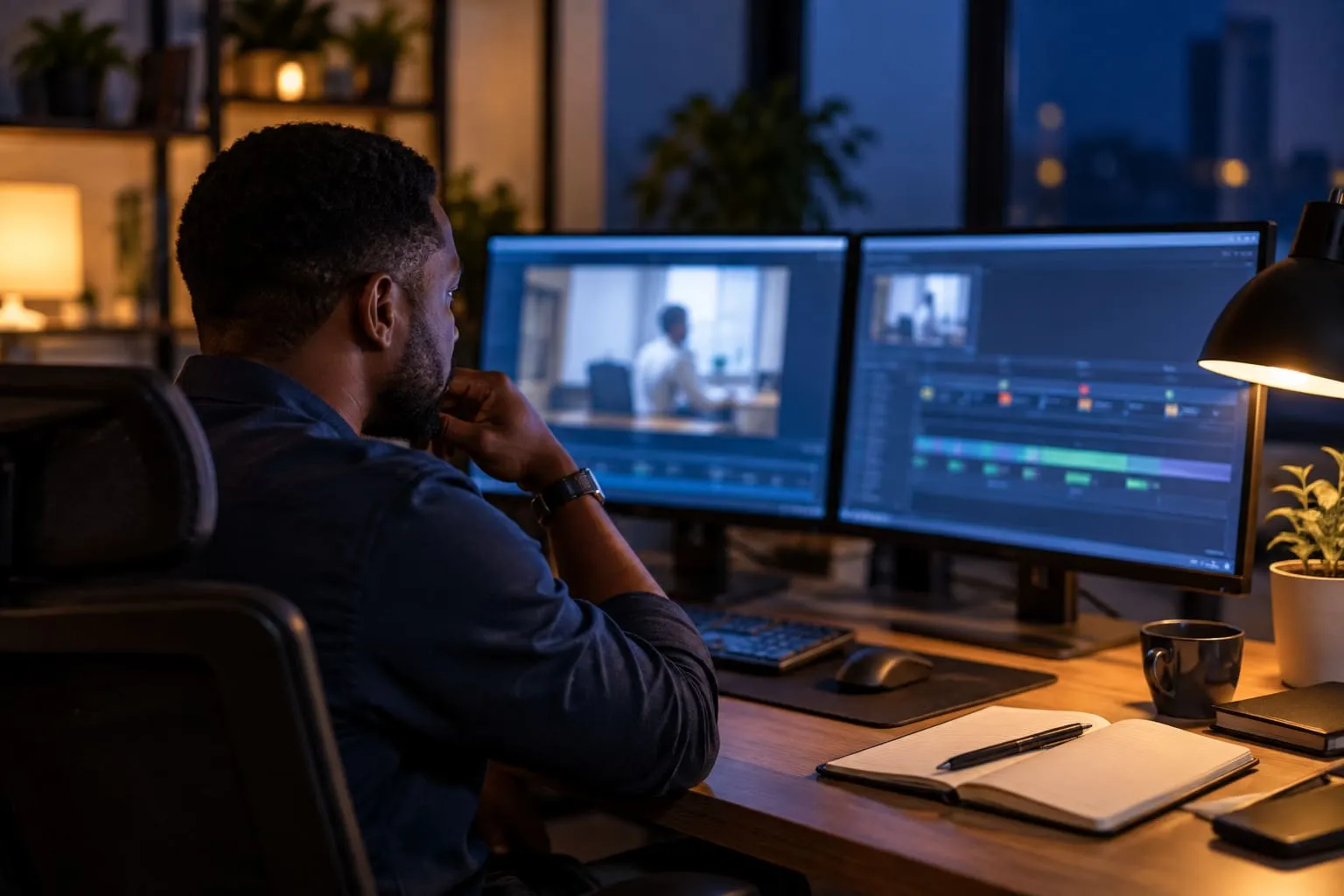 A reviewer at two monitors in the evening, studying an exam recording and its timeline