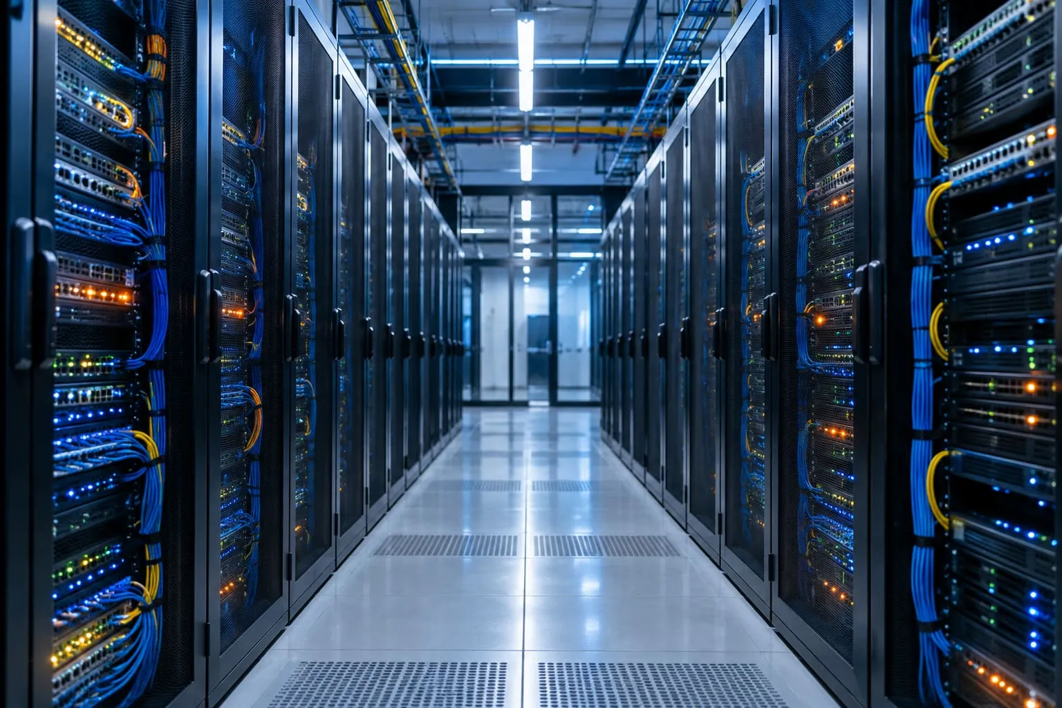 Server racks with neatly run cables along a clean data centre aisle