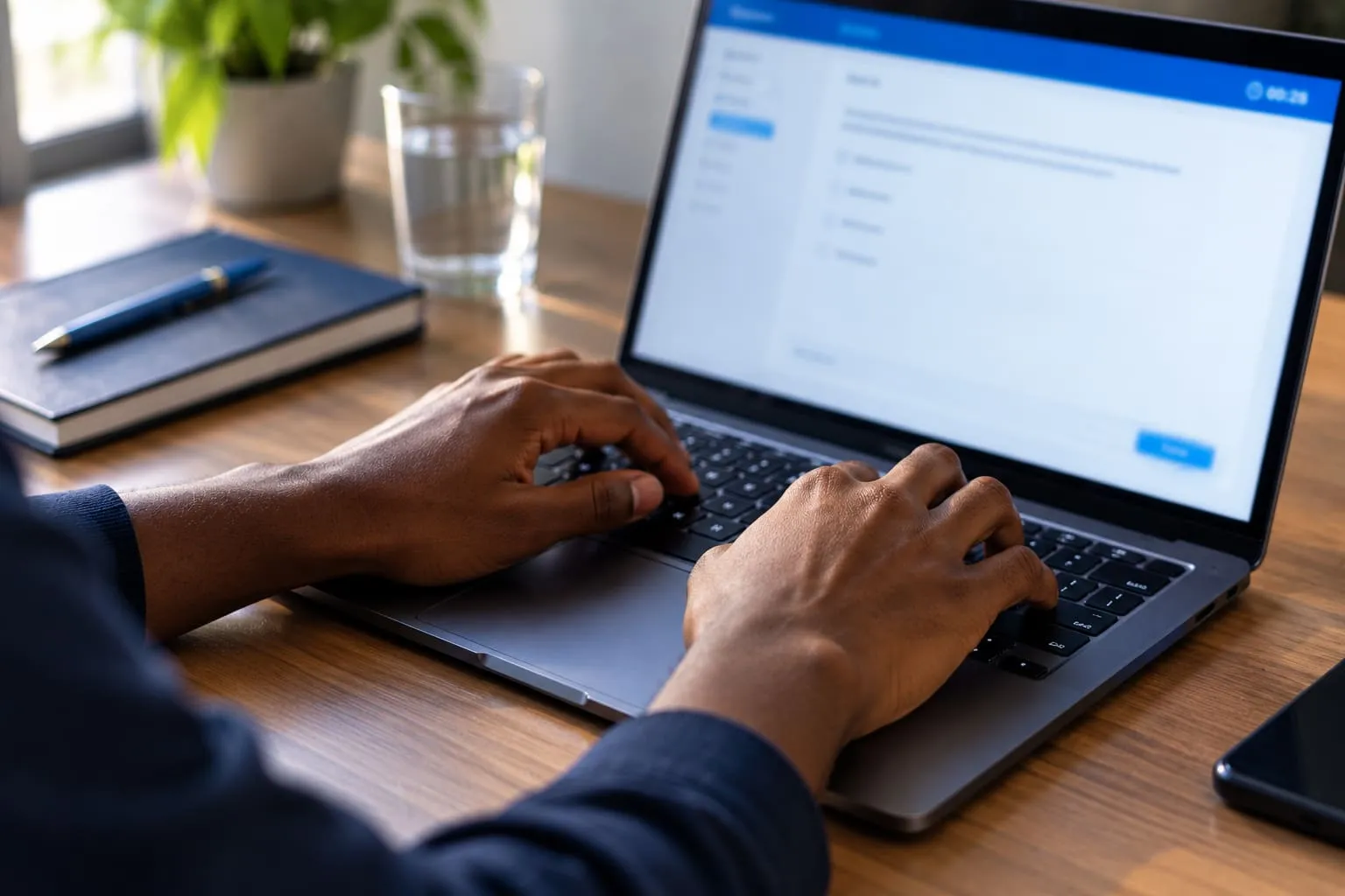 Hands typing on a laptop, the exam and its timer on the screen